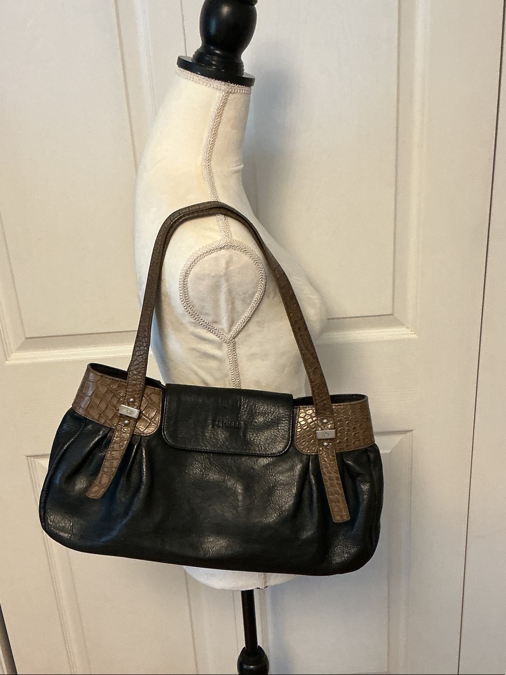 Black PETUSCO Leather Shoulder Bag with Brown Croc-Texture Trim